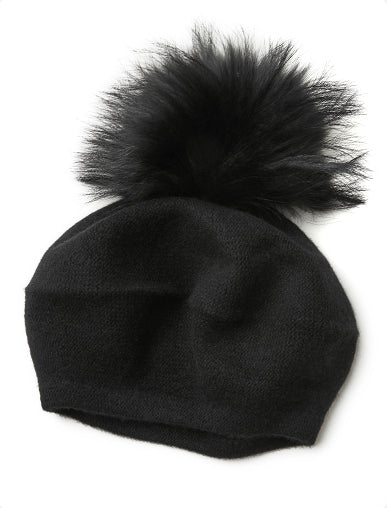 Cashmere knitted beret with fox fur pompom